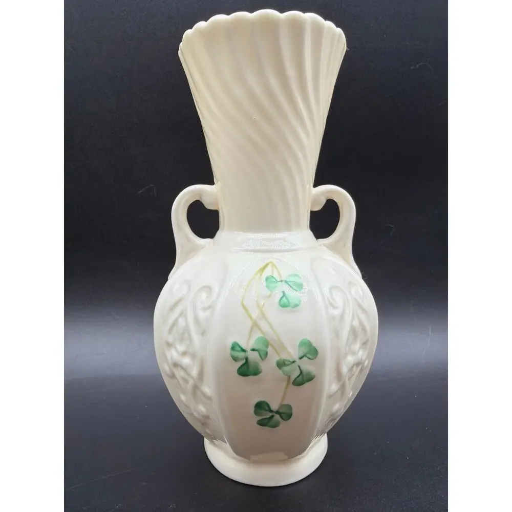 Vintage Belleek Ireland Shamrock Double Handle Vase Reg No 0857 Green Mark 6”